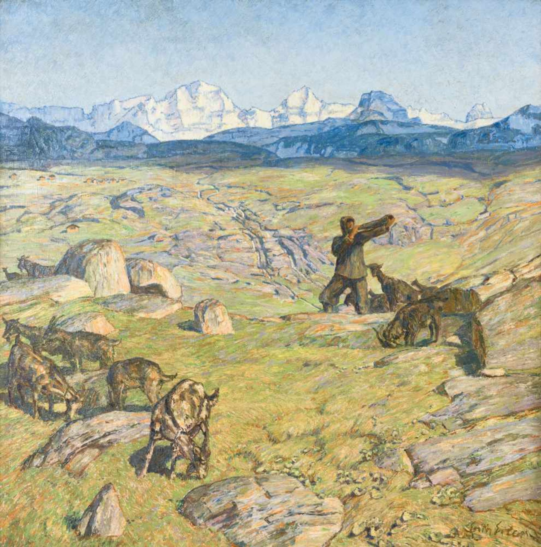 Erich Erler-Samedan (Frankenstein, Schlesien 1870 - 1946 Icking) 'Ziegenhirte in den Alpen' Öl auf