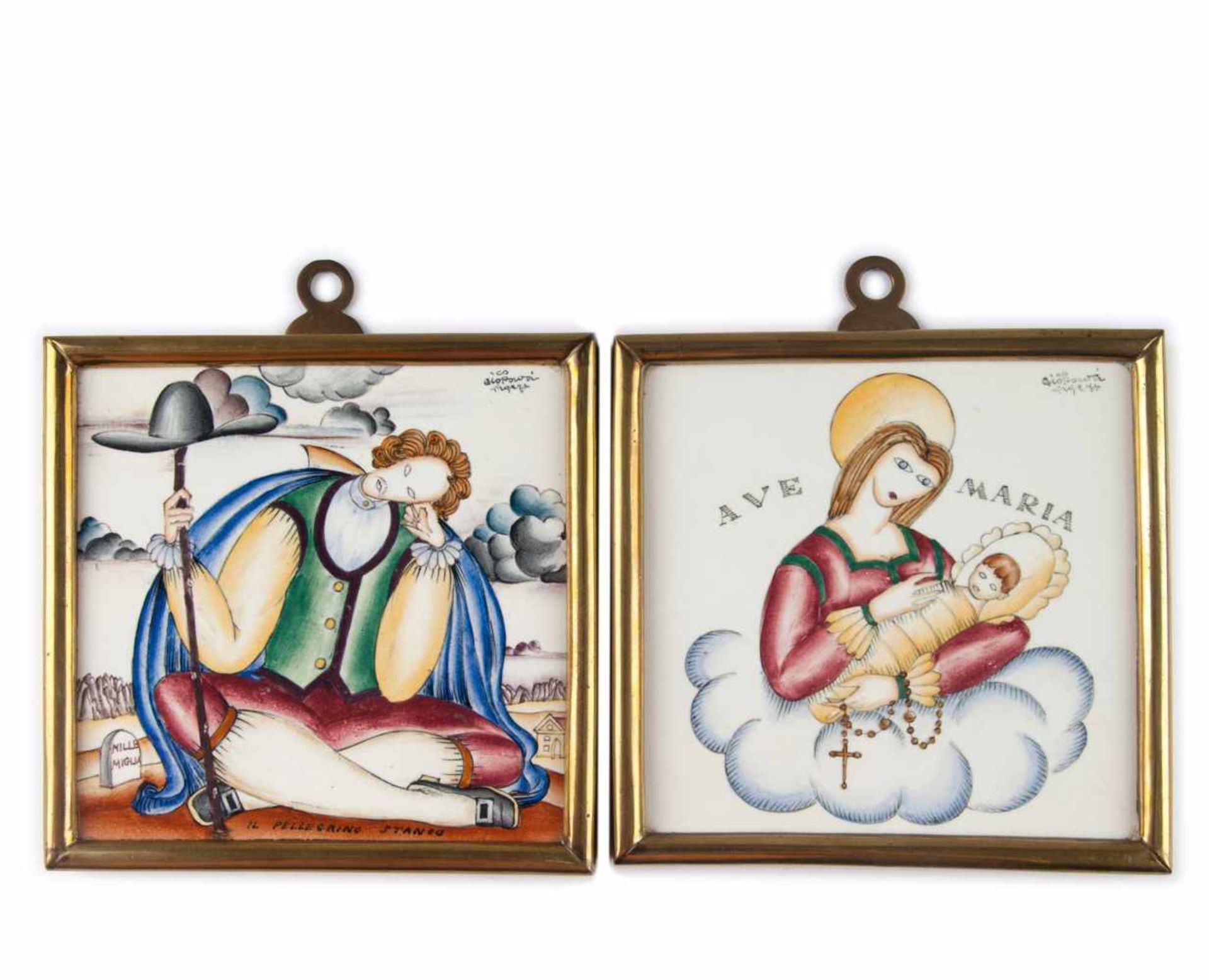 Zwei Wandfliesen 'Ave Maria' und 'Il Pellegrino Stanco', um 1926 Gio Ponti 14,5 x 14,5 cm.
