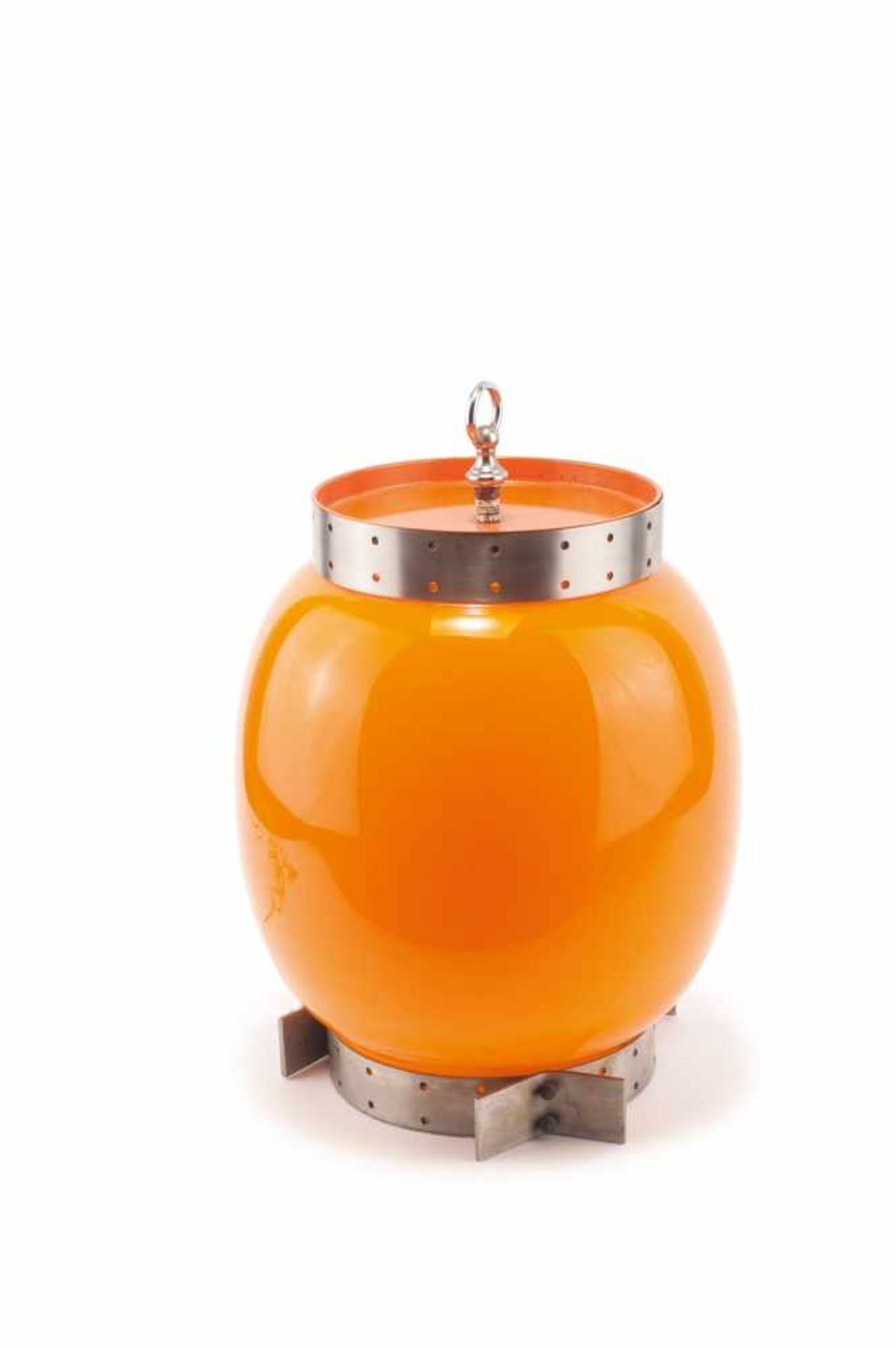 Tischleuchte, um 1958 Italien H. 43 cm. Orangefarbenes Glas, Metallblech, vernickelt. Table light,