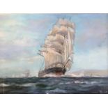 Peter Knox, oil on board, galleon in choppy sea off headland, signed, mounted an gilt framed. (15.