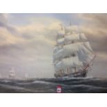 Craig Rutter, oil on board, nineteenth century sailing ships on choppy seas, signed & gilt