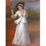 Continental school. oil on board, young lady in white dress holding fan, mounted & framed