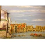 S Dennington, oil on board, London Bridge - after the seventeenth century view of the Thames, signed