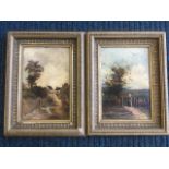 Nineteenth century oils on board, country scenes with figures on paths, signed indistinctly with