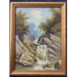 Oil on board, a mountain waterfall, inscriptions to verso, gilt framed. (8.5in x 12in)