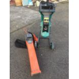 A Bosch 16-30 AXT electric garden shredder, on trolley stand; and a Flymo garden vac. (2)