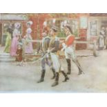 Frank Dadd, a coloured print of soldiers in village street, signed in pencil on margin, in oak