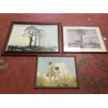 A large framed atmospheric landscape print after Coulson; another landscape print with two trees and