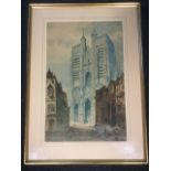 Albert E Ash, watercolour, a continental cathedral with figures in foreground, signed & dated