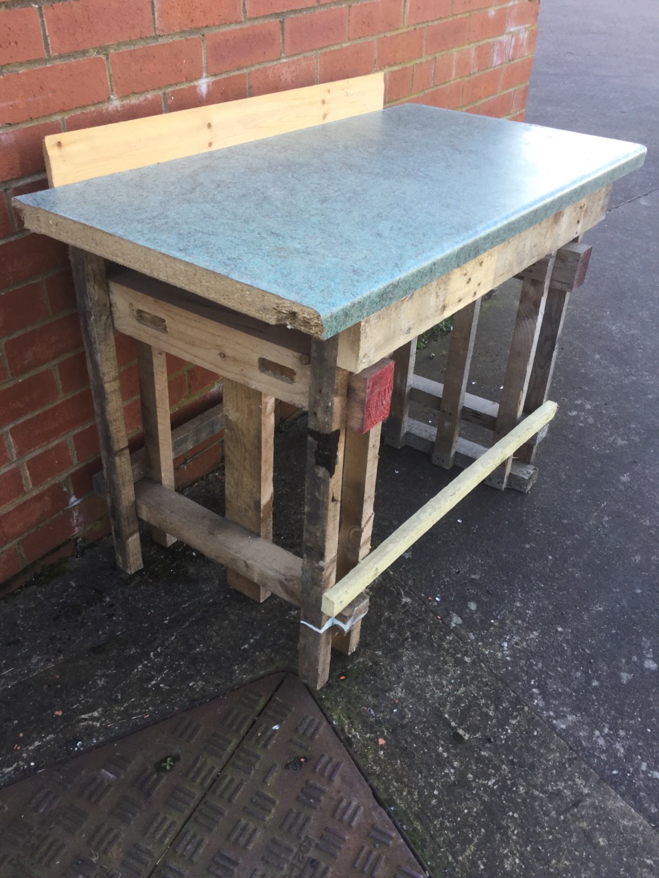 A homemade workbench with rectangular top supported on batton legs. - Image 2 of 3