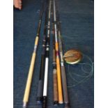 Six sea fishing rods, one with large Lewtham reel - Shakespeare, bass n' pier rod, Norris Solent,