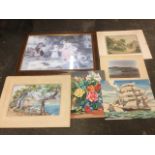 Six pictures including a signed coastal watercolour by Ethel Russell priced at 20 guineas, two oil