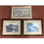 A gilt framed Hutton print, possibly Seaton Sluice; and a pair of 'chocolate-box' framed coloured