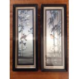 A pair of Japanese handpainted miniature watercolours depicting birds, bamboo & blossom foliage -