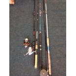 Five spinning rods, two with reels - Shakespeare, Duttons, WSB tackle, etc. (5)