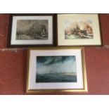 Three framed marine prints - Charles de Lacy depicting a battleship in harbour, another similar in