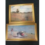 Two large gilt framed box canvas reproduction prints after Homer and Monet, the land and seascapes