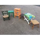 A rush seated childs chair; a painted rectangular stool; a square stool with plaited seat on