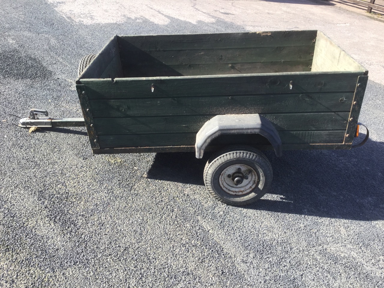 A 5ft wood trailer with boarded sides on single axel, complete with spare wheel and electric hook up - Image 2 of 3