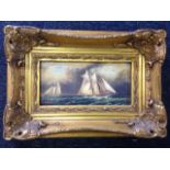 R Flaper, oil on board, sailing ships in choppy seas, signed in gilt & gesso frame.