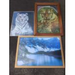 A large print of a tiger with cub in hardwood frame; a gilt framed print of a white benegal tiger