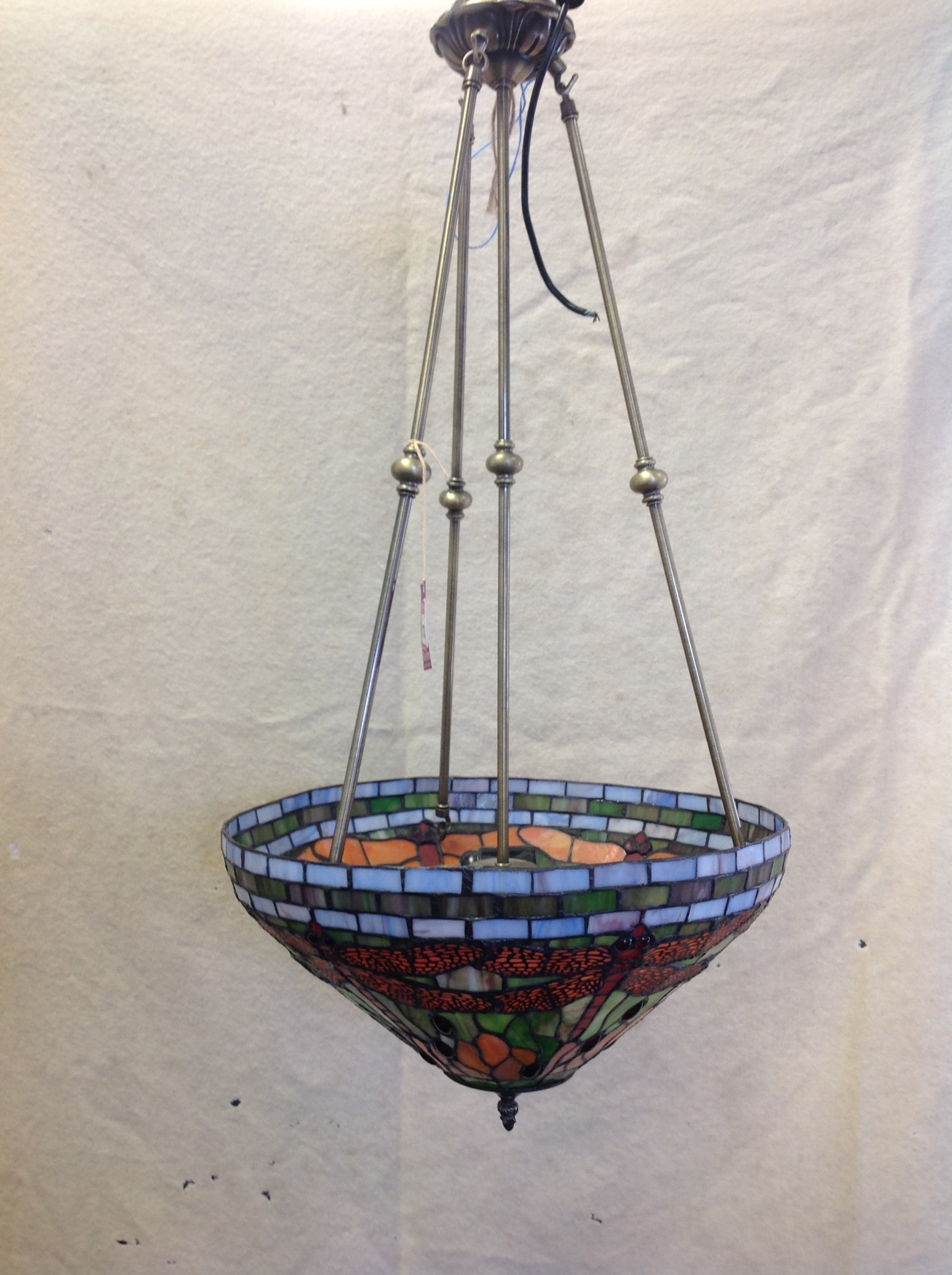 A tiffany style hanging light with leaded glass shade in the dragonfly pattern, - Image 2 of 3