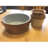 A large Victorian circular stoneware salt glazed bowl, with applied scrolled handles