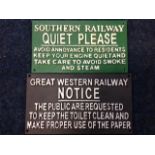 A rectangular cast iron sign - Southern Railway, quiet please, etc; and another - Great Western