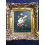 Hever, old master style oil on canvas, still life with flowers in vase, signed, in gilt & gesso