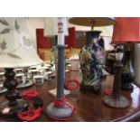 Seven miscellaneous tablelamps - chinoiserie, turned wood, tiffany style, Japanese, ceramic,