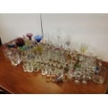 A quantity of drinking glasses - tumblers, wine glasses, tots, tankards, some sets, coloured, art