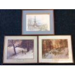 A pair of Farquarhson winter landscape prints with sheep; and an Eiffel Tower print. (3)