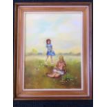 Nancy Foster, oil on canvas, two girls in summer landscape, signed & framed.