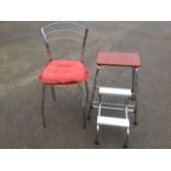 A contemporary chrome chair with circular beech seat, fitted with loose cushion; and a chrome stool