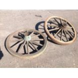 Two nineteenth century 3ft elm cartwheels, with iron rims and turned hubs. (2)