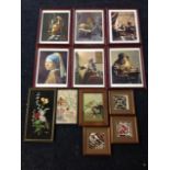 A set of six framed old master prints; a set of three framed cloth batik Celtic style pictures