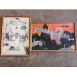 W Heath Robinson, a coloured print of a flying car, in pine frame; and another