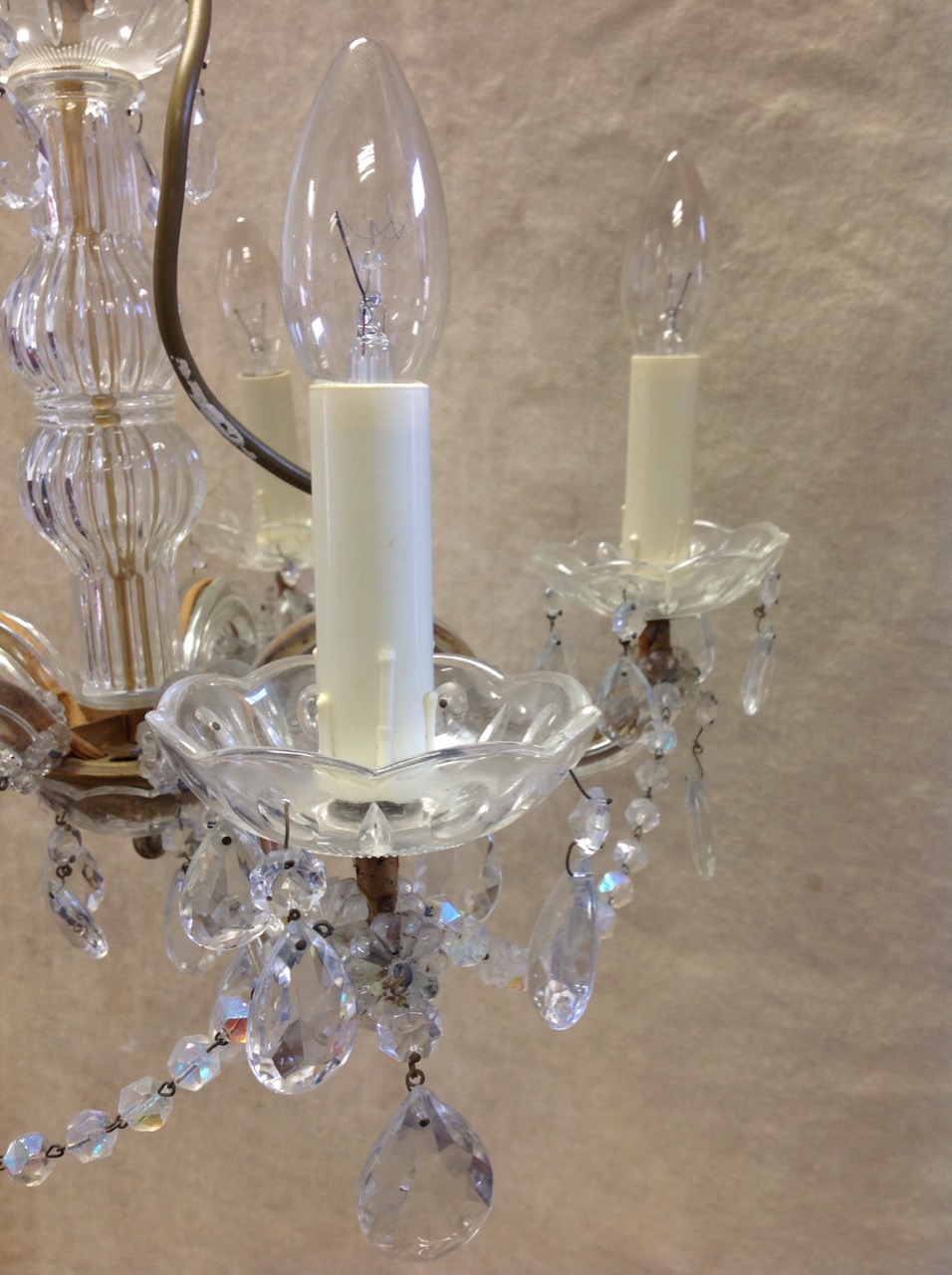 A glass chandelier with five branches around a fluted column, hung with glass drops and bead swags. - Image 3 of 3