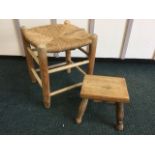 A Victorian rectangular ash milking stool on four angled turned legs; and a square rush-seated stool