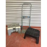 A Black & Decker 'move-it-all' sack barrow; a rectangular stool box; and a step stool. (3)