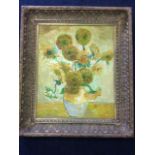 After Van Gogh, oil on canvas, sunflowers in vase, in gilt & gesso frame.