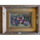 Late nineteenth century English school, oil on board, still life with flowers & fruit, signed