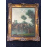 Oil on canvas, river landscape with bridge, signed indistinctly, in pierced gilt & gesso frame.