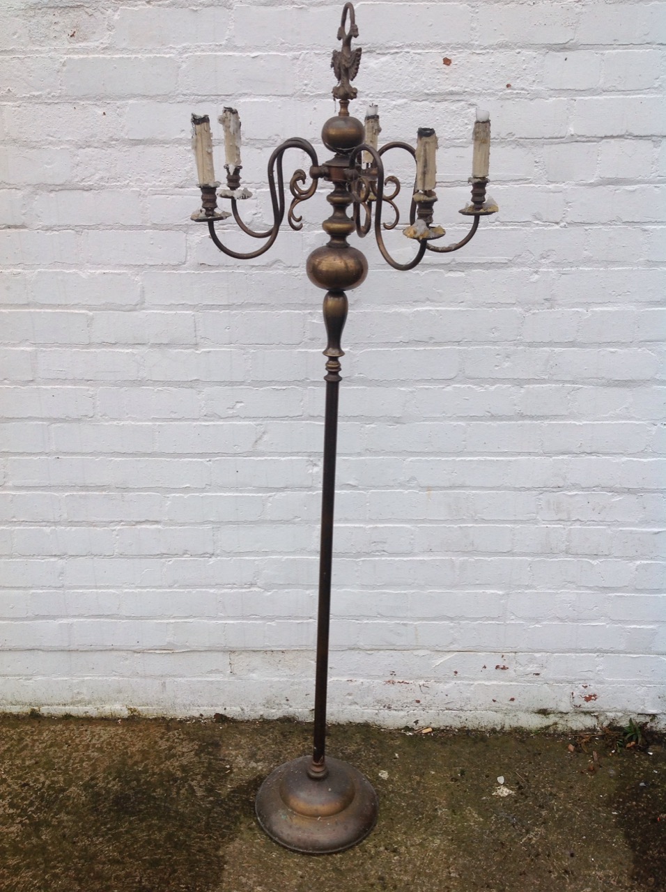 A brass candelabra standard lamp with five scrolled branches supporting candles - Image 3 of 3