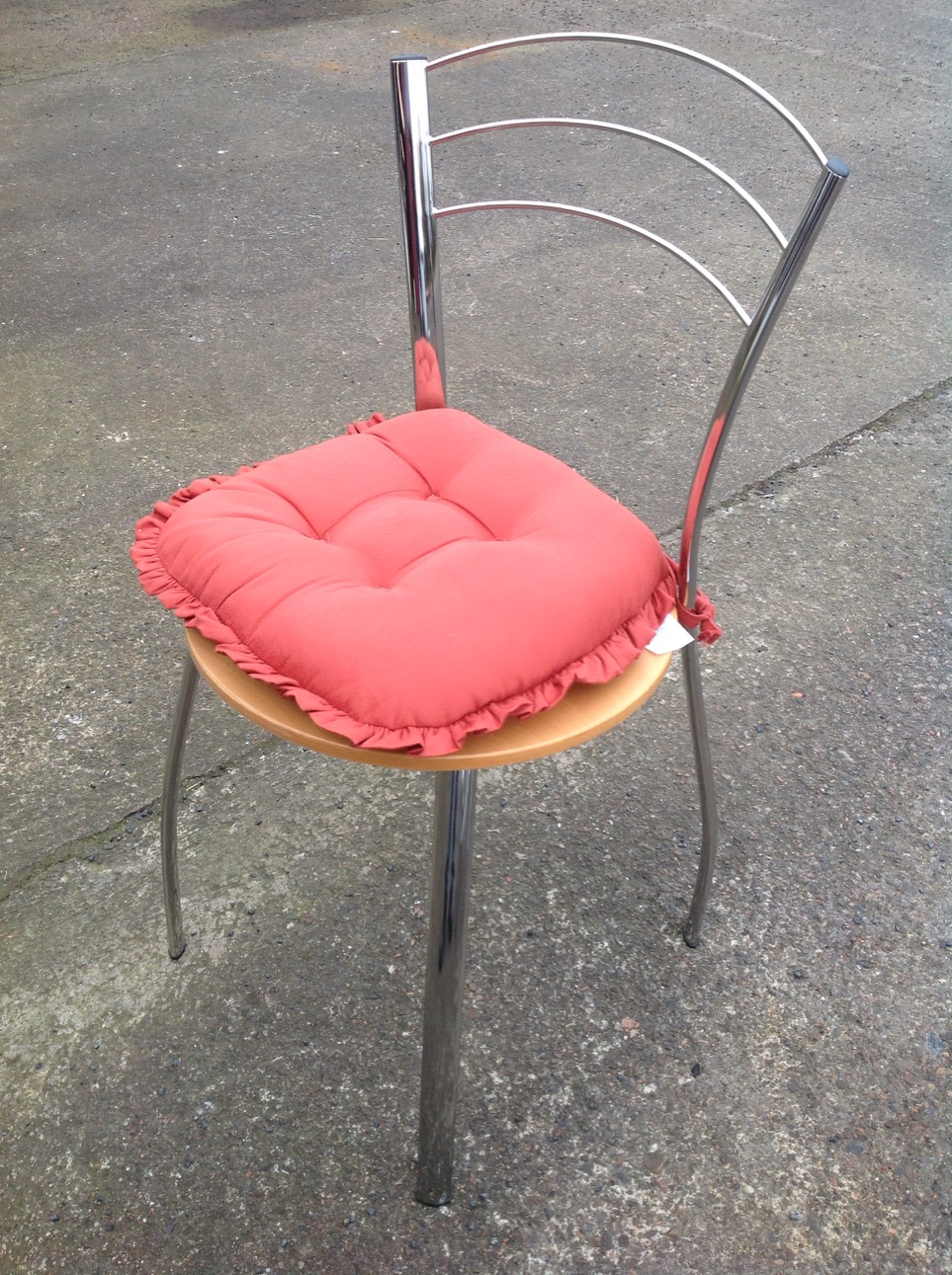 A contemporary chrome chair with circular beech seat, fitted with loose cushion; and a chrome stool - Image 3 of 3