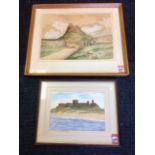 C Teago, pencil & watercolour, study of Bamburgh Castle, signed & framed; and W Heap, watercolour