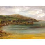 Rose Leith, oil on canvas, Scapa Flow, coastal scene with pier, labelled to verso