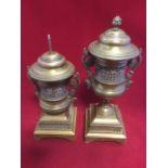 A pair of nineteenth century brass urns of campana shape with scrolled handles, having applied
