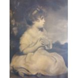 A late nineteenth century sepia mezzotint of a young girl in landscape, in oak frame with gilt