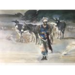 Isidro Duarte, a signed coloured lithograph of an African with donkeys